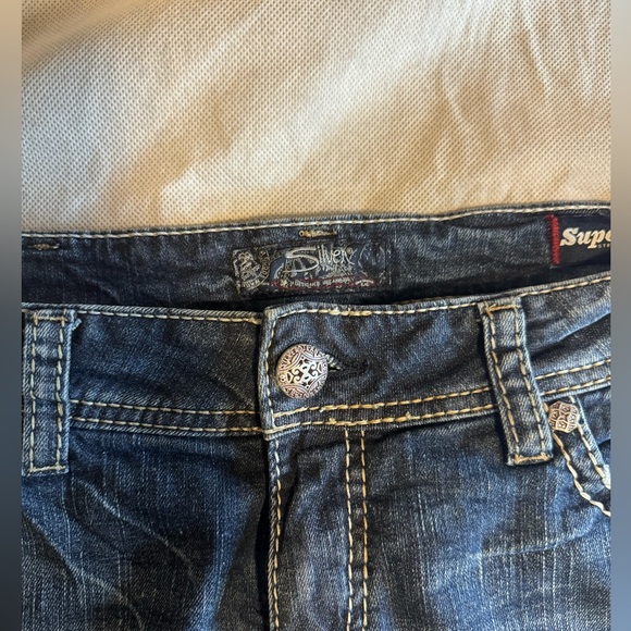 Silver Cropped Jeans Embroidered Pocket Detail with Buttons Y2K 90s Low Rise - Picture 2 of 5